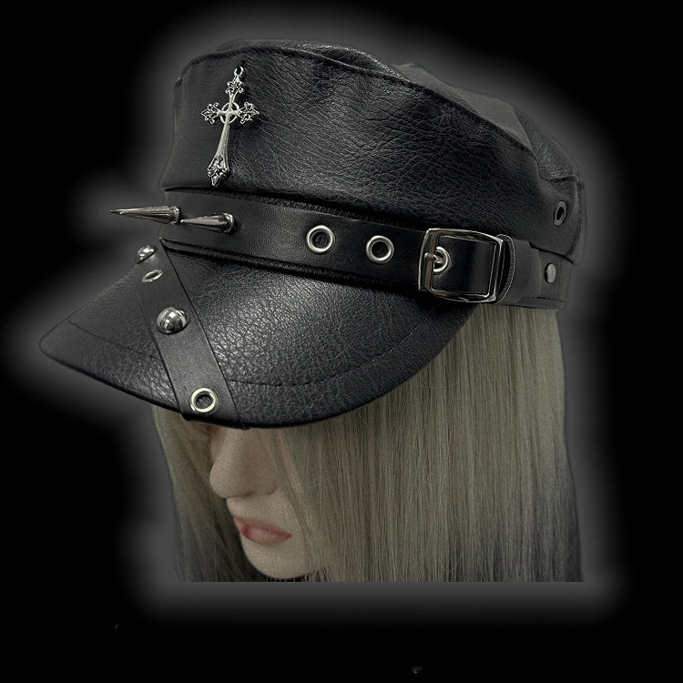 Y2K Black Cross Charm Buckle Strap Studs Adorned Punk Beret