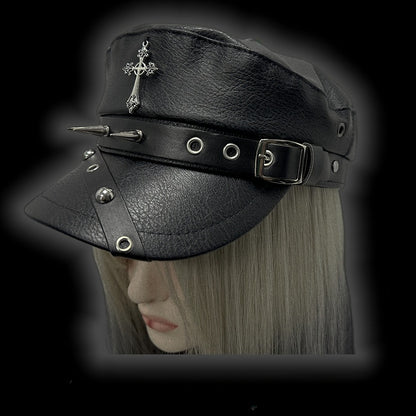 Y2K Black Cross Charm Buckle Strap Studs Adorned Punk Beret