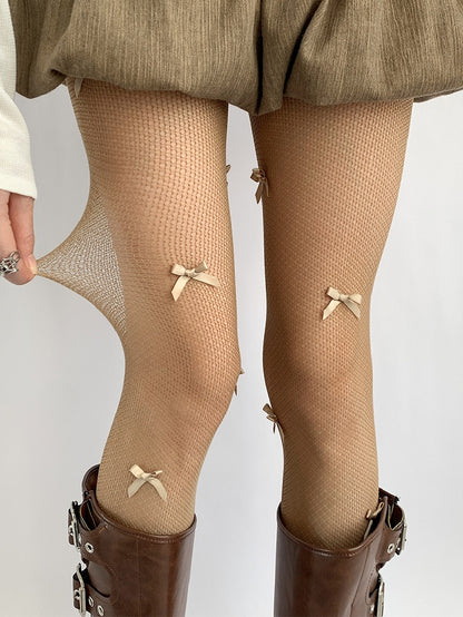 Grau/Braun/Weiße Strumpfhose mit Schleifendetails