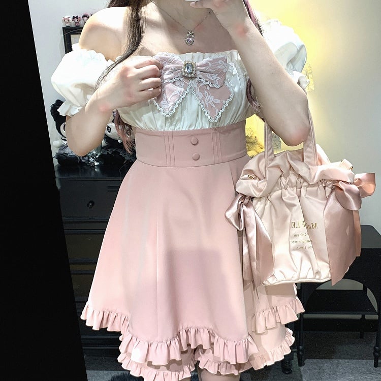 Set aus Minikleid und Shorts mit schulterfreiem Ausschnitt, Jirai Kei, Schwarz/Pink/Blau