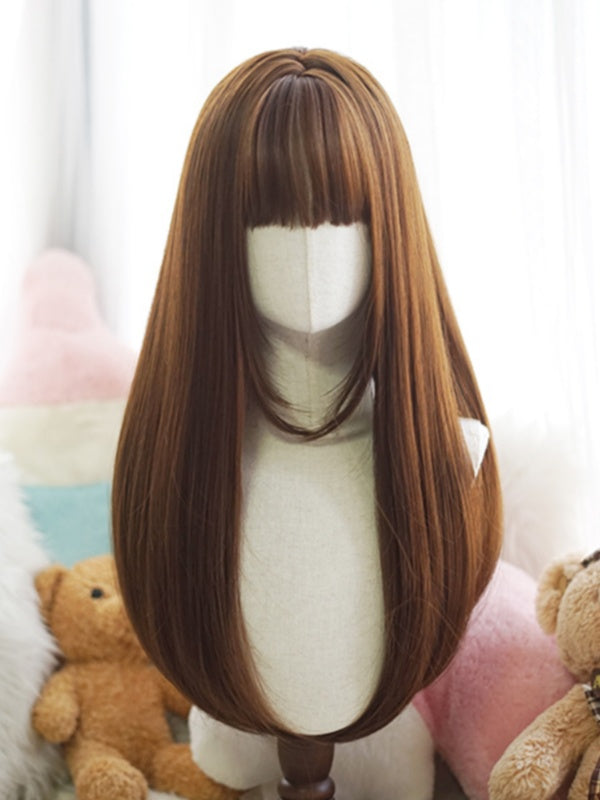 Black/White/Light Blonde/Blonde/Caramel/Grey Long Straight Wig With Full Bangs