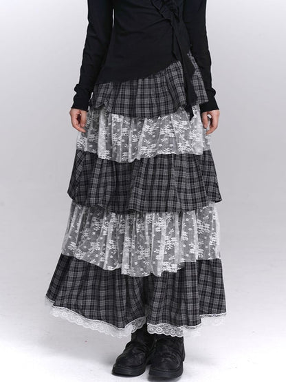 Tiered Skirt Black Layers White Maxi with Low-waist Plaid Lace