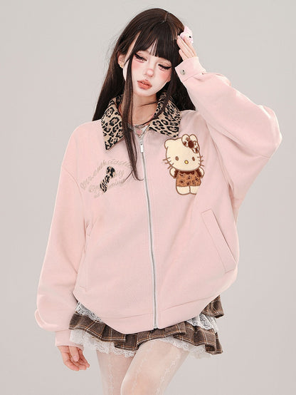 Pink Kitty Leopard Collar Baseball Jacket