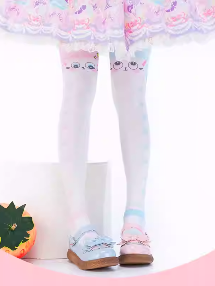 Bas au-dessus du genou à motif pattes de chat bleu et rose