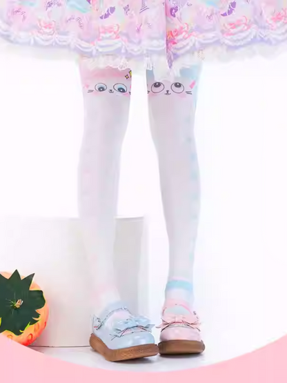 Bas au-dessus du genou à motif pattes de chat bleu et rose