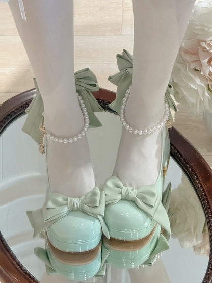 Grüne Lolita-Plateauschuhe mit Schleife und runder Mary-Schuh-Details