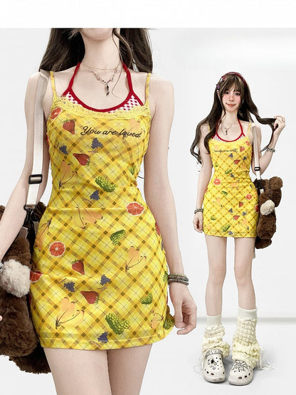 Y2K Pattern Plaid Letter Neck + Yellow Fruit Halter Cami Print Bittersweet Dress Top And Red