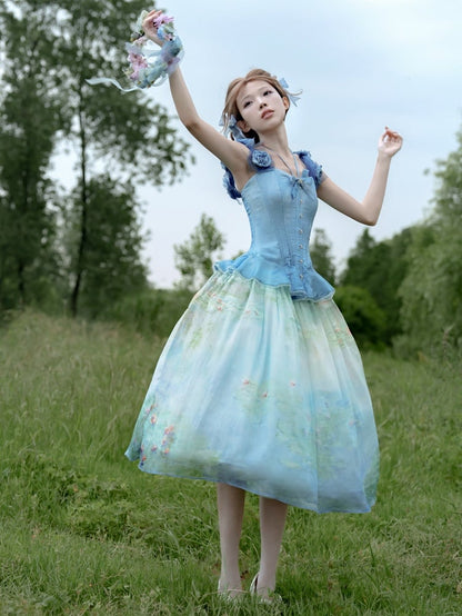 Boned Corset Top with Detachable Floral Adornments Hem Flounce Blue Sky