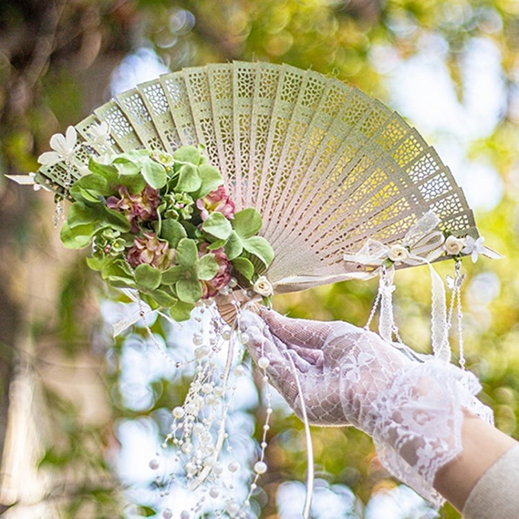 Charm Folding Beaded Fan Design Floral Purple/Green/Pink/Yellow