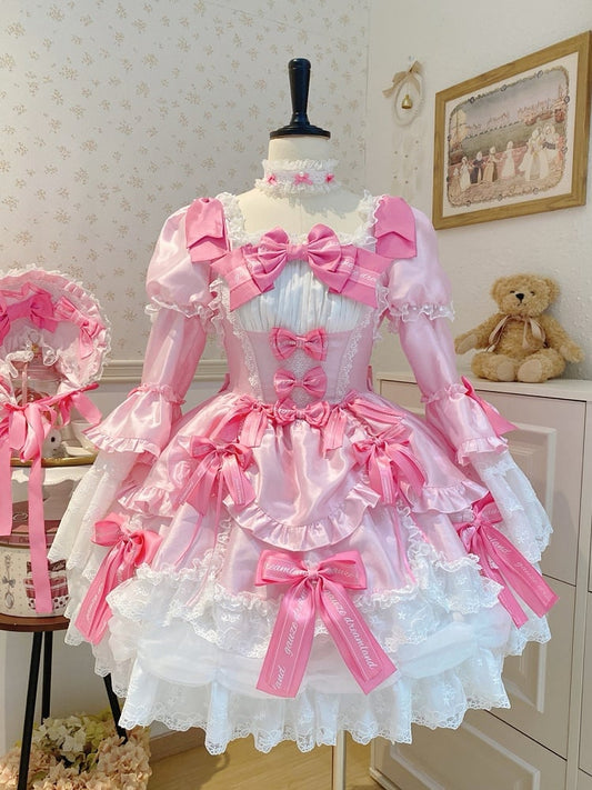 mit Kleid Süße Schule Akzente Schleife Alte Ärmel Rosa Lolita Glocke Dunkle Prinzessin Abnehmbar