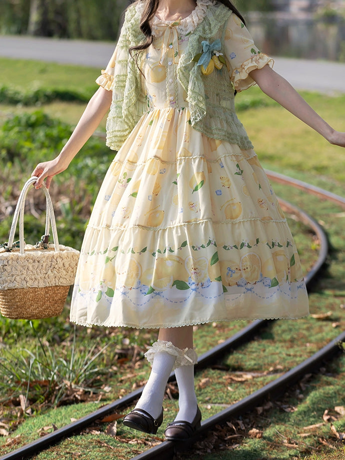 and Spring Chick Dress Sleeves Short Summer for Print Lolita Lemon Yellow