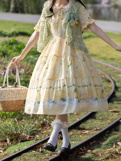 and Spring Chick Dress Sleeves Short Summer for Print Lolita Lemon Yellow