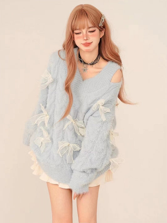 Blue V-Neck Sweater with Cutout White Bow Accents Shoulder