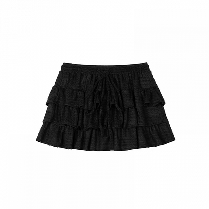 Black Drawstring Waist Mini Tiered Skirt