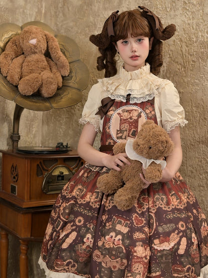Brown Sweet Reddish Cookies and Overall Dress Print Puppy Furry Lolita