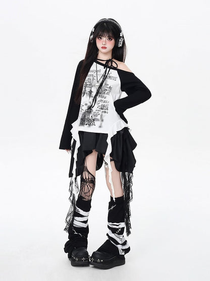Punk Rock Skirt with Cascading Lace Ruffles and Handkerchief Hem Black