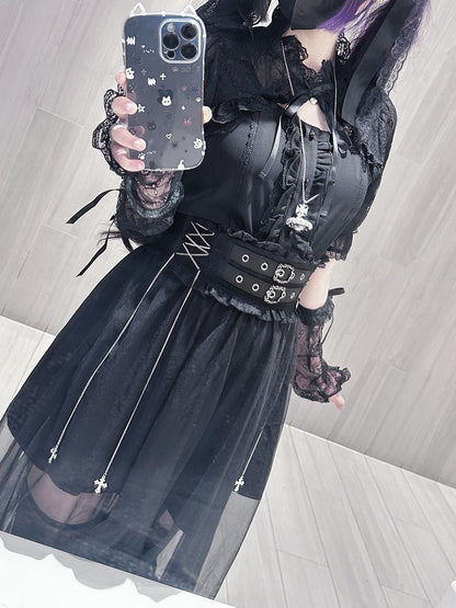 Jirai Kei Black Lace Cape Short Sleeve Blouse/ Sleeves Only