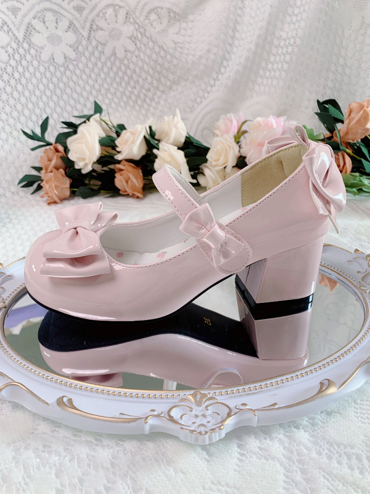 Pink Bowknot Round Toe 5.5CM Block Heel Lolita Shoes