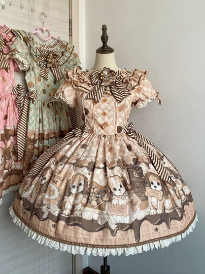 Puppy and Biscuit Print Yellow Sweet Lolita Short Sleeves Dress