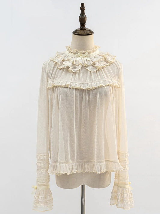 Beige Ruffle Neckline Sheer Long Sleeves Blouse