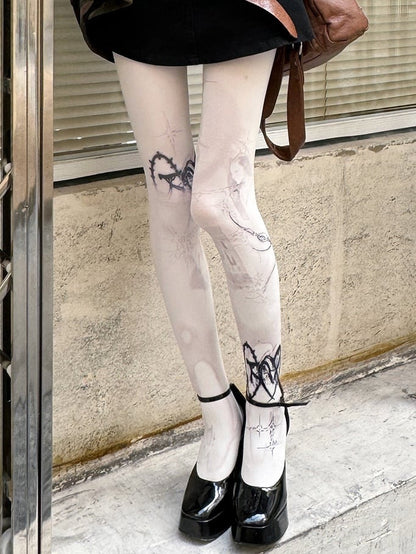 White 100D Punk Print Tights