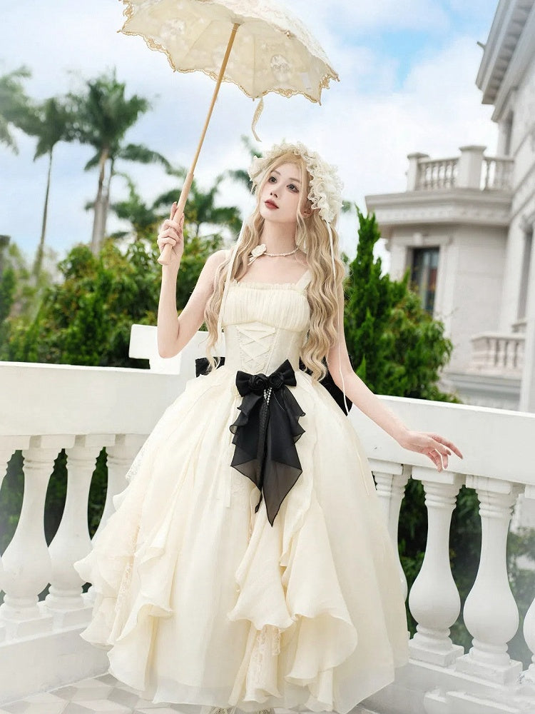 Lolita Set Long Full Dress Skirt Version Waist Classic Ruffle Cascading Boned Beige Basque
