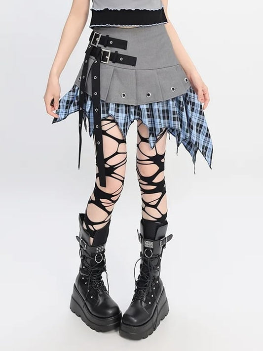 Blue Plaid Handkerchief Hem Gray Buckle Y2K Straps Skirt