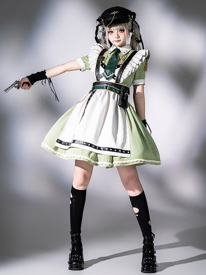 Flutter Military and Set Short Apron Green Dress Full Maid Light Lolita Sleeves