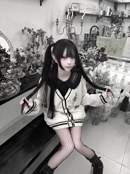 with Eye and Snake Embroidery Distressed Holes Knit Cardigan White