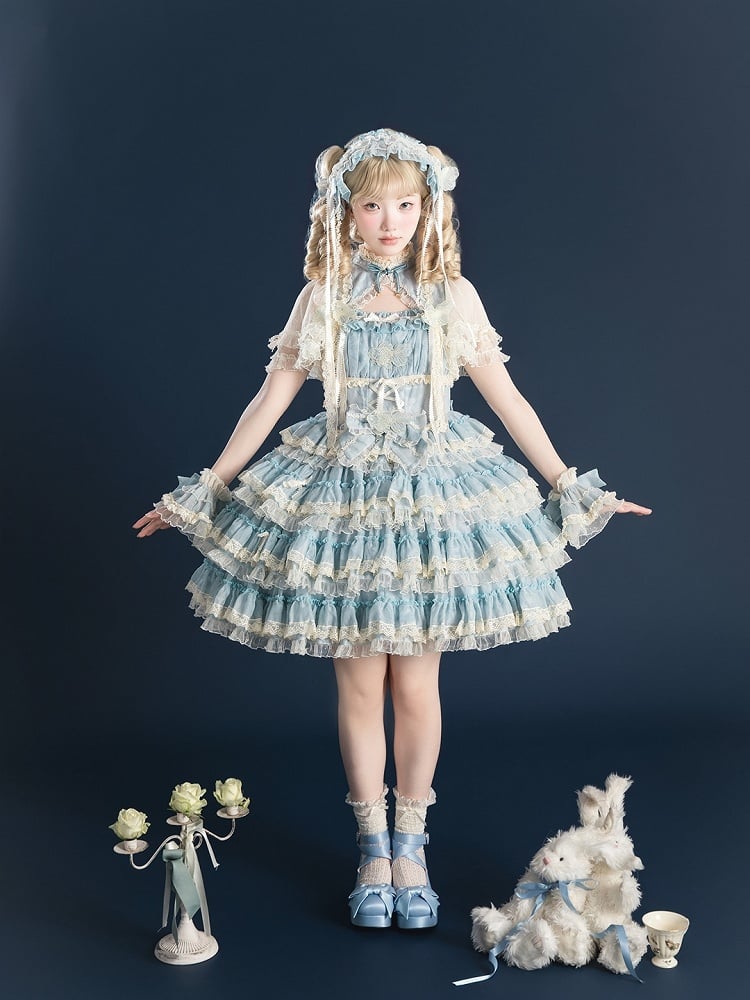 Lace with Lolita Details Embroidery and Tiered Goldfish Dress Sweet Ruffles Blue