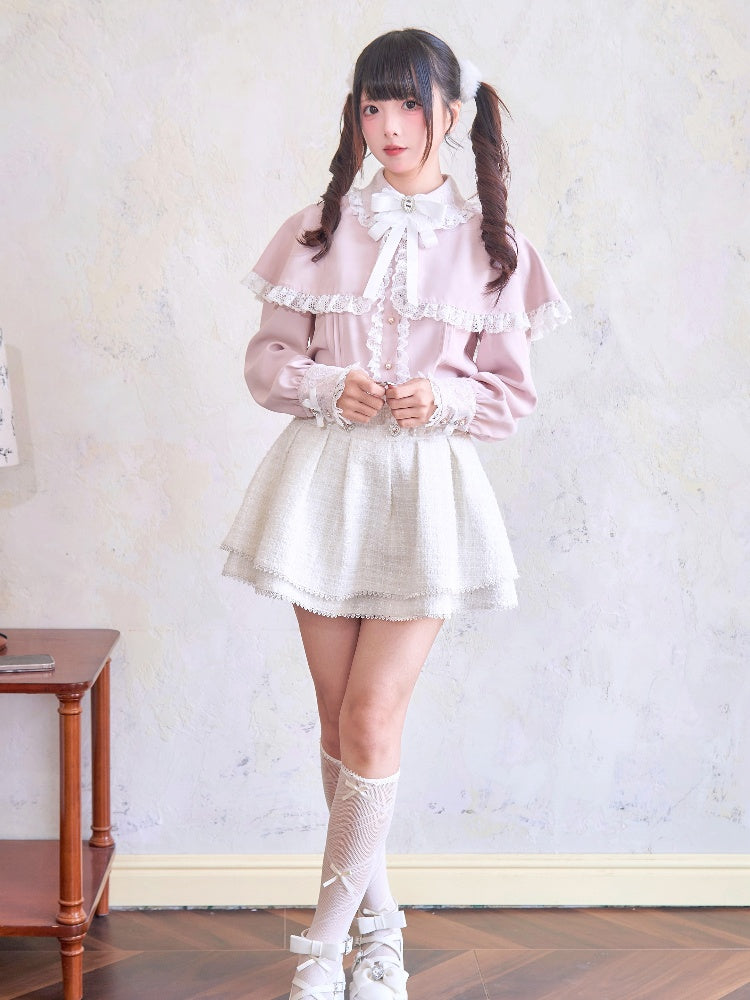 Waist White Jirai Kei Heart Rhinestones High Skirt Tweed