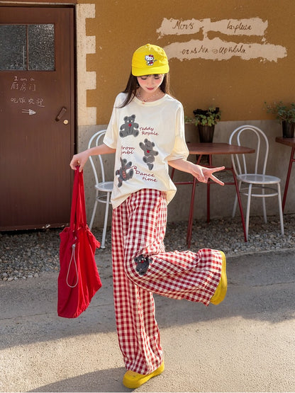 Wide-Leg Pants Version Short/Long Red and White Plaid Bear Print
