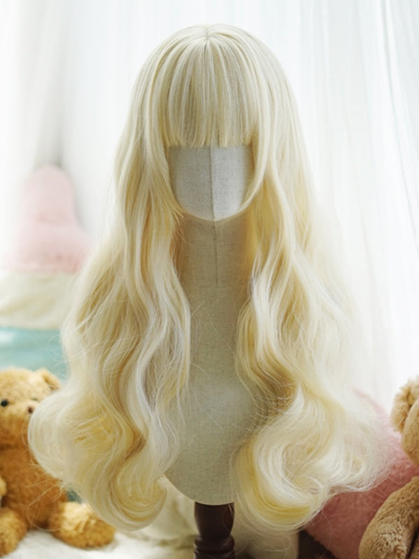 Black/White/Light Blonde/Blonde/Caramel/Grey Waist Length Wavy Wig With Full Bangs