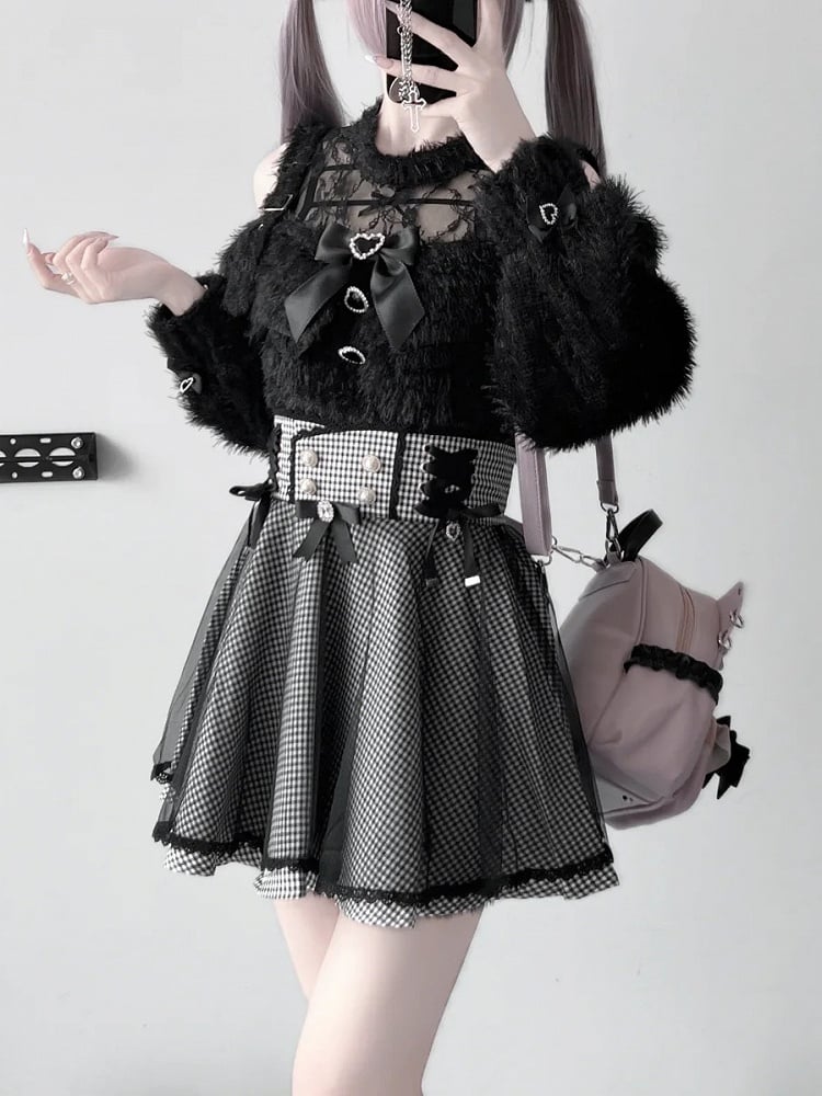 Jirai Kei Black Lace Illusion Neckline Cutout Shoulders Landmine Style Long Sweater with Free Bow Tie