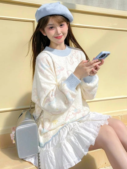 Beige Cute Lamb Pattern Sweater with Scalloped Edge Trim