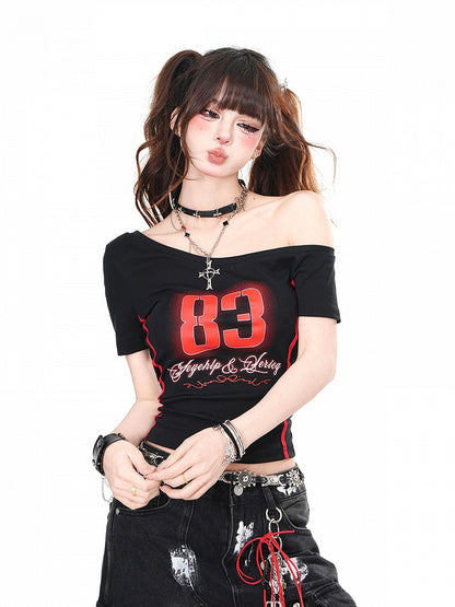 Black Asymmetrical Neckline Number Print Glamorous Cropped Top