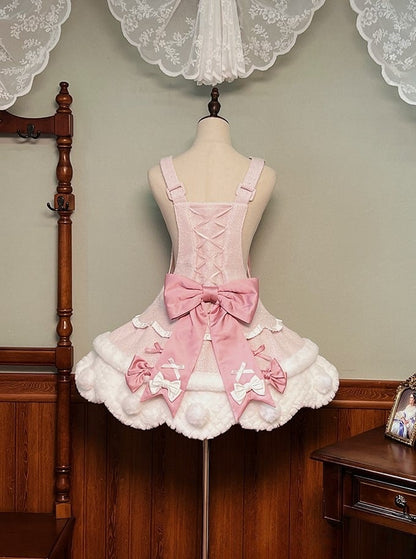 Pom-poms Pink with Lolita Overalls Trim Scalloped Sweet Dress White Bowknots Edge and