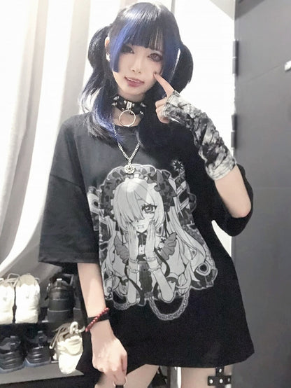 Hals SchwarzWeiß Kei Jirai Runddruck Cartoon Mädchen T-Shirt
