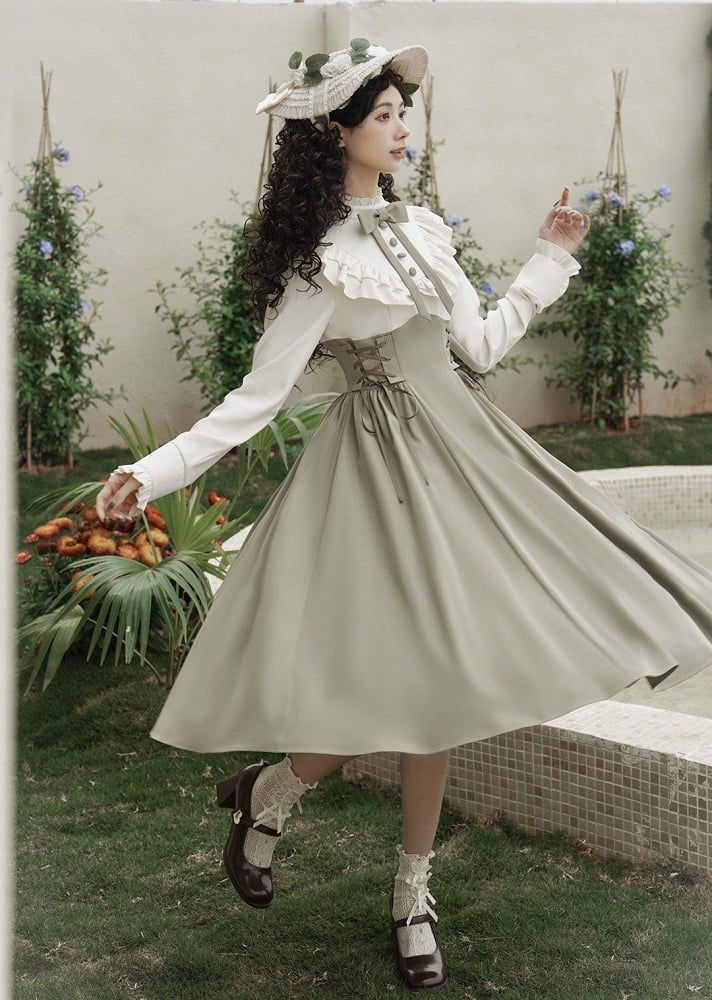 Light Green and Beige Ruffle Neckline Long Sleeves Spring Classic Lolita Dress Fake Two-pieces