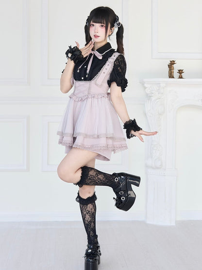 Jirai Kei – Schwarz/Weiße Bluse mit kurzen Ärmeln und Perlenkragen