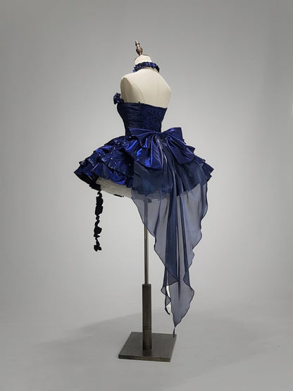 Klein Blue Roses Neckline Lolita Goth Boning Dress Sequins Tiered Puffy Dress