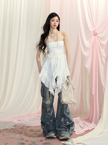 Strapless Top White Handkerchief Hem Glamorous