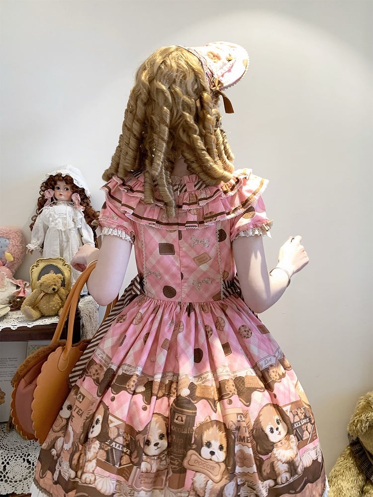 Robe Lolita rose à manches courtes et imprimé chiot et biscuit