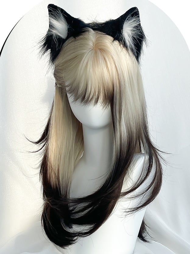 Blonde-black Ombre Long Straight Synthetic Wig With Bangs