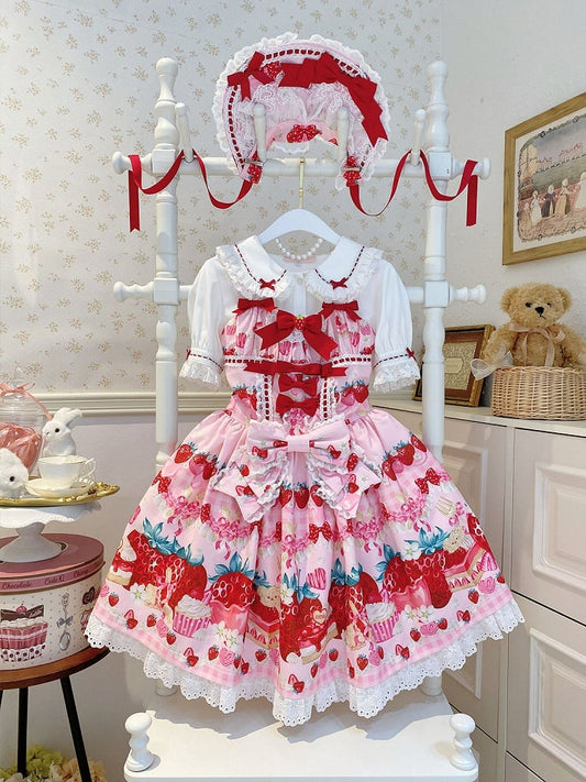 Print Strawberry Dress Pink Dessert and Lolita Sweet