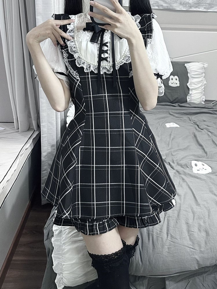 Jirai Kei Short Puff Sleeves Set Shorts White Top - Plaid/Gray Plaid Neckline Illusion Black and in