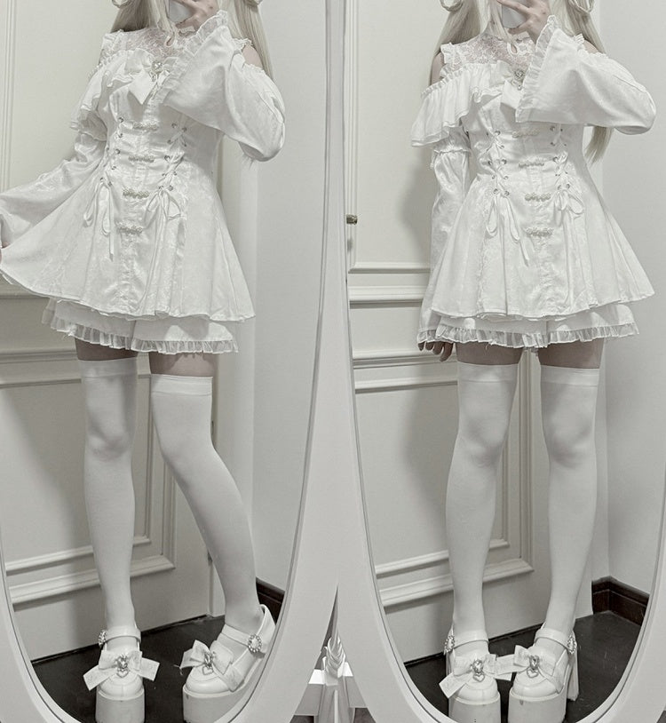 Style Illusion Bow Tie Mini Dress Set- Kei Cheongsam White + Shorts Jirai Neckline + Bell Sleeves