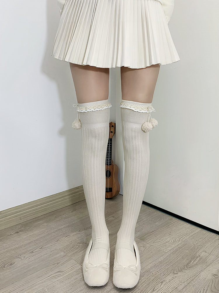 Apricot Sweet Ruffled Cuff Overknee Stockings With Pompons