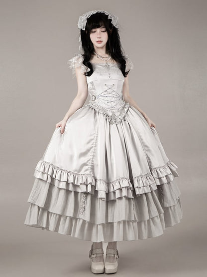 Boned with Design Gothic Silver Drawstring and Waist Cross Lolita Skirt Charm