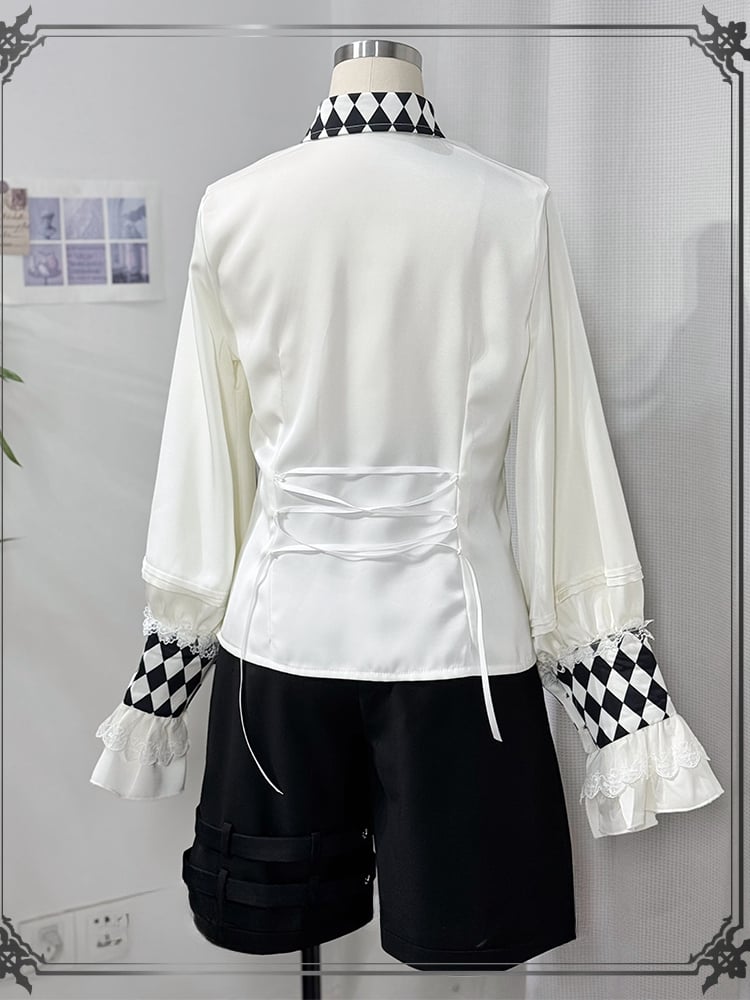 Vibes White Shirt Ouji Circus Long Collar Checkerboard Cuffs Sleeves and Print Lolita